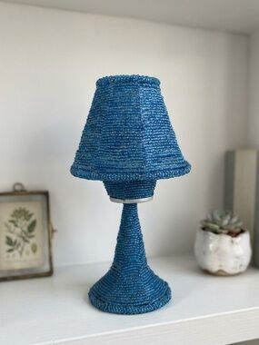Vintage Blue Teal Beaded Lamp Shaped Candle Holder